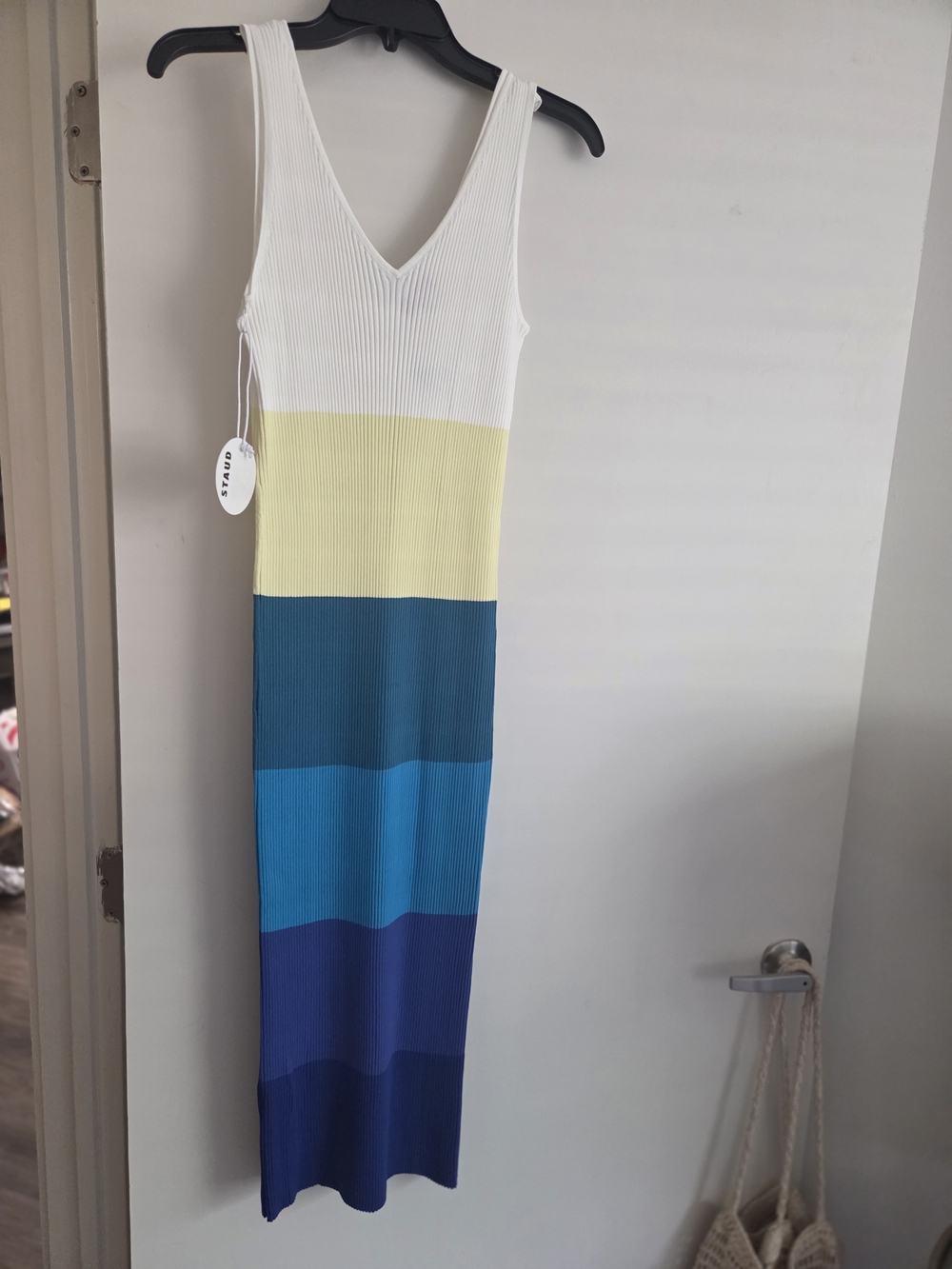 Sleeveless Colorblock Ribbed Maxi Dress - White, Yellow & Blue